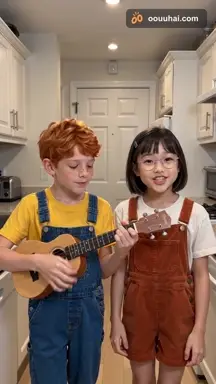 Dos jóvenes tocan el ukelele y cantan una canción original en una cocina