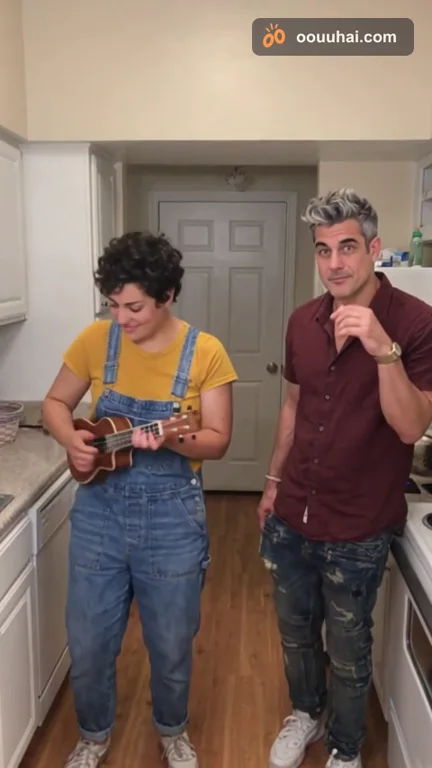 Dos personas generadas con IA tocan el ukelele y cantan en una cocina, siguiendo los movimientos de referencia