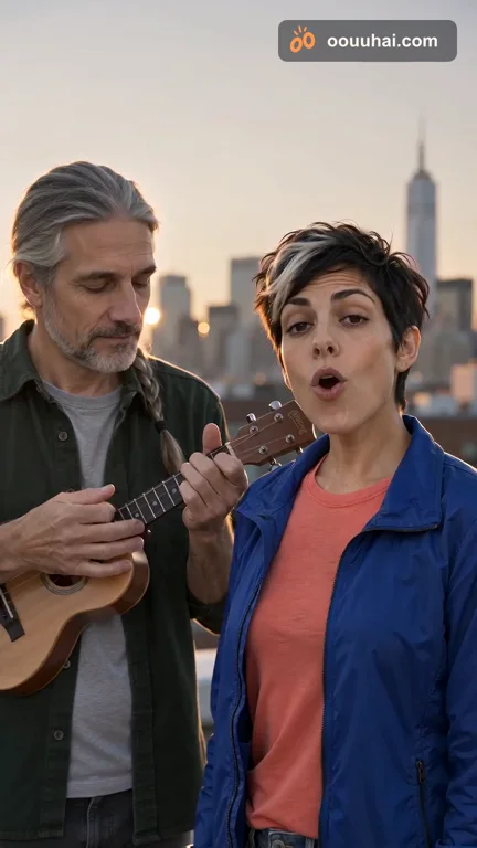 Una persona toca el ukelele y otra canta una canción original en una azotea urbana