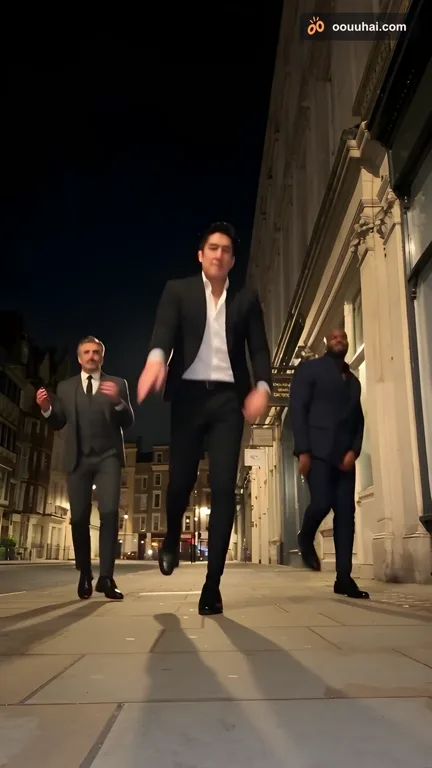 Tres personas generadas con IA, vestidas de traje, bailando la Skepta Rap Dance en una calle de la ciudad de noche