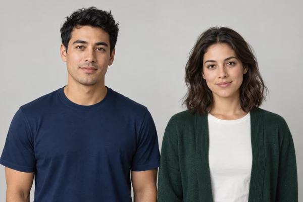 A portrait of two people together against a plain background