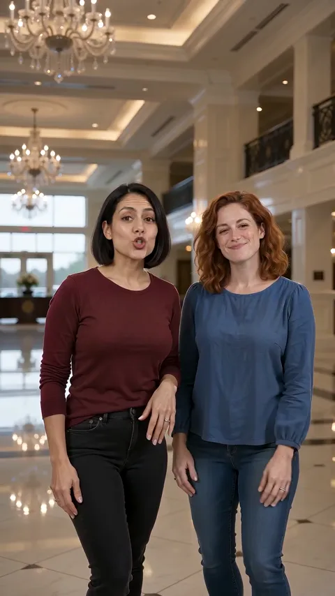 Two performers in a Luxury lobby rap video