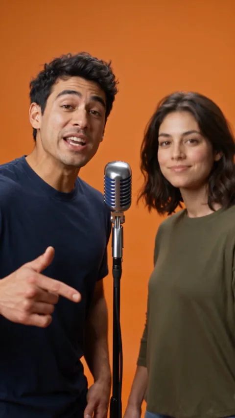 An AI rap duo at a hanging microphone against the orange Hotel Lobby backdrop