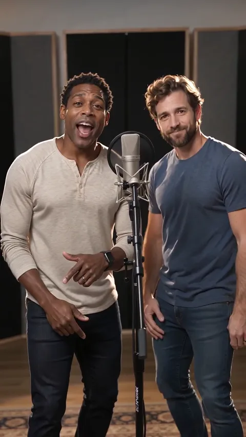 Two performers in a Studio booth rap video